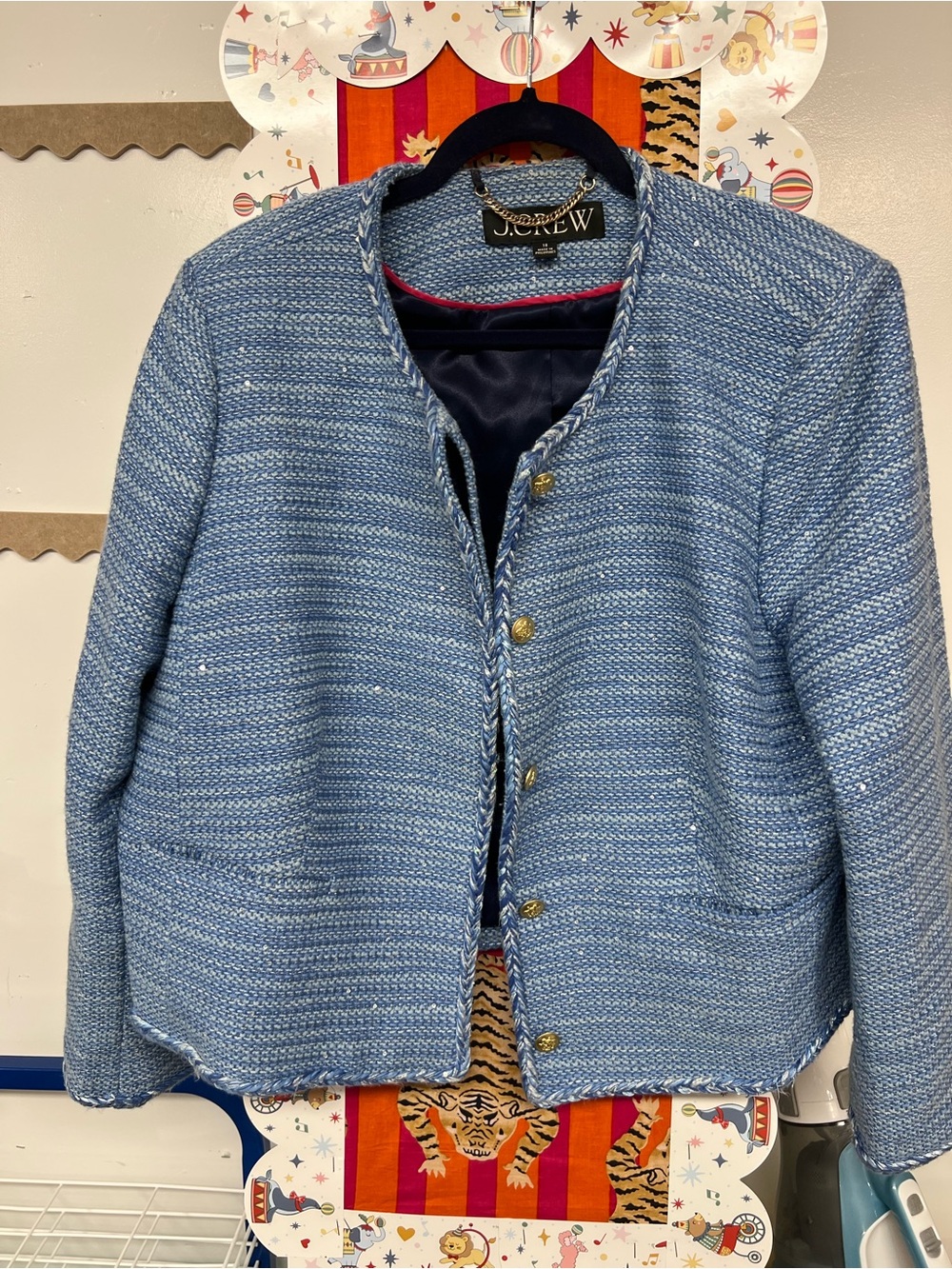 J. Crew Light Blue Tweed Button Jacket with Gold Buttons